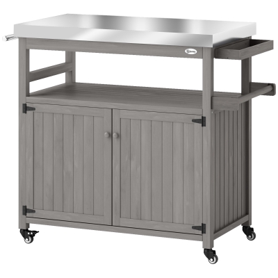 Outsunny Outdoor-Kücheninsel, Grillwagen mit Schrank und Regalen, Küchenwagen aus Holz und Edelstahl, mit Rollen, Grau