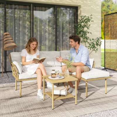 Outsunny Conjunto de Jardim Exterior em Vime com 1 Sofá de Dois Lugares 1 Espreguiçadeira e 1 Mesa de Centro Madeira e Creme
