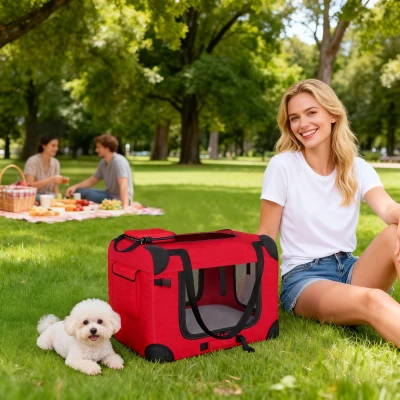PawHut Transportín para Perros Plegable 60x41,5x41 cm con Ventanas de Malla Cojín Suave y 2 Asas para Mini Perros y Gatos Rojo