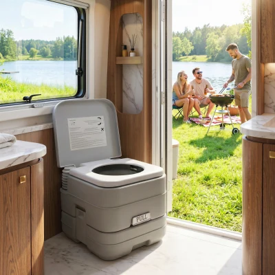 HOMCOM Sanita Portátil WC Portátil com 2 Depósitos de 10L Suporta até 200 kg Sanita para Exterior Campismo 36x42x30 cm Cinzento