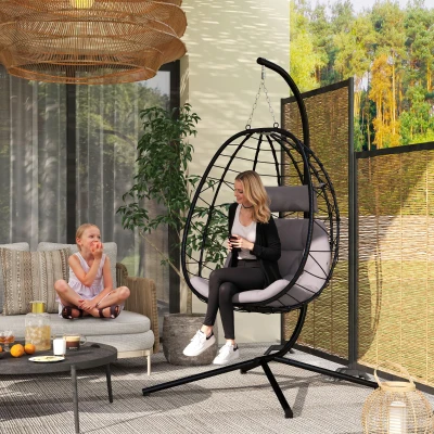 Outsunny Cadeira Suspensa com Suporte Baloiço Jardim com Cesto Dobrável Almofada e Apoio de Cabeça 98x95x198 cm Cinzento