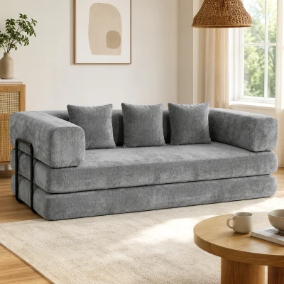 HOMCOM Canapé Convertible 3 Places Chenille Gris 205cm 5 en 1