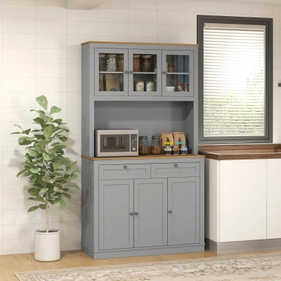 HOMCOM Armário de Cozinha com 3 Portas de Vidro Compartimento Aberto 2 Gavetas e Prateleiras Ajustáveis 100x40x180 cm Cinzento