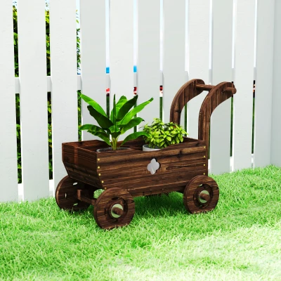 Outsunny Hochbeet Holz, Pflanzbeet in Wagenform Frühbeet mit 4 Rädern Griff Gartenbeet 68 x 38 x 52cm