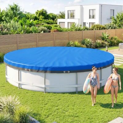 Outsunny Poolabdeckung rund Ø 550 cm staub- und wasserdichte Abdeckplane mit Sicherungsseil Spanner für Sommer & Winter, Blau