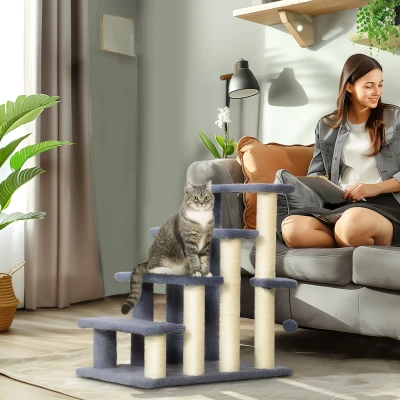 PawHut Arranhador para Gatos de 4 Níveis Escada para Animais de Estimação Revestida com Franela Suave Poste de Sisal Bola Suspensa 60x40x64 cm Cinzento
