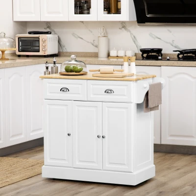 HOMCOM Carrinho de Cozinha com Rodas 2 Gavetas 3 Armários Suporte para Panos e para Temperos para Sala de Jantar 110x45x89cm Branco