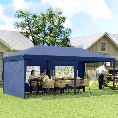 Outsunny Tenda Dobrável 6x3 m Pop-up com 4 Laterais Desmontáveis Tenda de Jardim com 2 Janelas Visíveis Saco de Transporte Azul