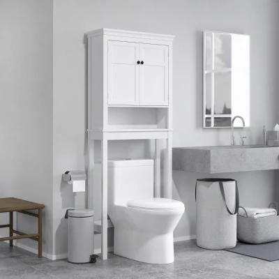 HOMCOM Meuble WC Blanc 2 Portes Étagères Réglables Salle de Bain