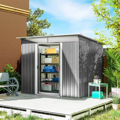 Outsunny Abrigo de Jardim 4,5 m² 260x194x200 cm Abrigo Exterior Metálico com 2 Portas Deslizantes para Armazenamento de Ferramentas Cinza
