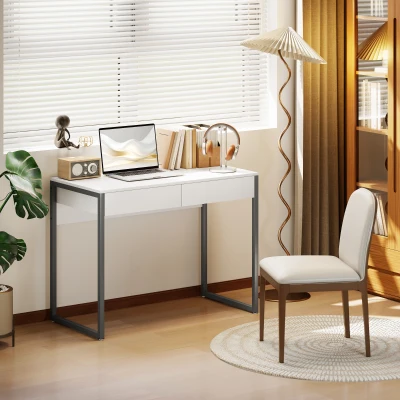 HOMCOM Secretária com 2 Gavetas 100x50 cm Mesa de Computador Pernas de Aço para Casa Escritório Espaços Pequenos Branco Brilhante