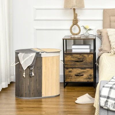 HOMCOM Cesto de Roupa de Bambu Capacidade de 100L com Tampa Rebatível e 2 Compartimentos 62,5x37x60,5cm Cinza e Madeira