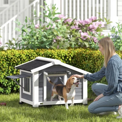 PawHut Hundehütte wetterfestes Hundehaus aus Holz mit herausnehmbarem Boden Asphaltdach öffnendem Fenster 98x76x69,5 cm Grau