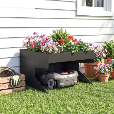 Outsunny Mähroboter Garage Stahl 75 x 70 x 46 cm Rasenroboter Garage mit Pflanzkasten Schwarz