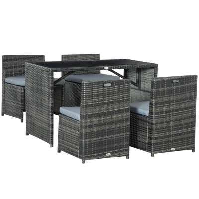 Outsunny Gartenmöbelset für 4 Personen, 4 Stühle & 1 Tisch, inkl. Sitzauflagen, Polyrattan, rostfreier Stahlrahmen, Grau