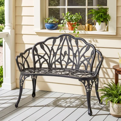 Outsunny Gartenbank 2-Sitzer Gussaluminium wetterfest Outdoor Sitzbank mit Tulpen-Rückenlehne Blumenmotiv 99 x 57 x 78 cm