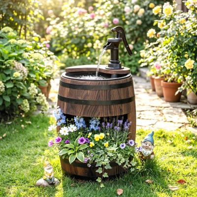 Outsunny Gartenbrunnen Zierbrunnen Springbrunnen Fassbrunnen Wasserfall Holzfass mit Pflanzgefäß Tannenholz Dunkelbraun Ø27 x 59 cm