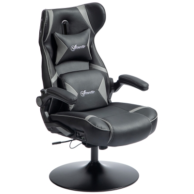 Vinsetto Gaming Stuhl mit Schaukelfunktion und Lautsprecher, Lenden- und Nackenstütze, für Spielzimmer, Kunstleder, Grau+Schwarz
