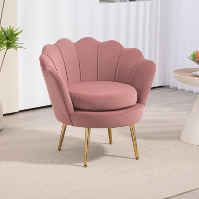 HOMCOM Poltrona de Sala Estofada em Veludo com Encosto em Forma de Concha e Pernas Douradas 76x67x74 cm Rosa