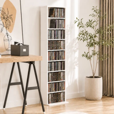 HOMCOM Regał na płyty CD/DVD, 9 poziomów, wąski regał stojący z 6 regulowanymi półkami, dla 260 płyt CD, Biały