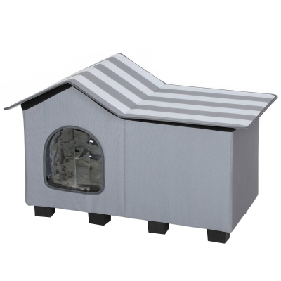 PawHut Katzenhaus Wasserabweisend Katzenhütte mit Abnehmbar Satteldach Wärmeisolierung Plattform 70x43x45 cm Oxforfstoff Grau