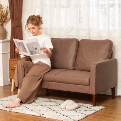 HOMCOM Sofá de 2 Lugares Estofado em Microfibra Sofá Moderno com Pés de Madeira Apoio de Braços 130x78x85 cm Castanho