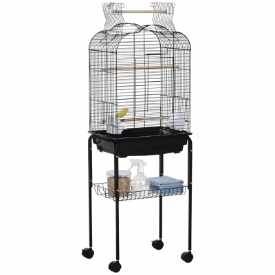 PawHut Gaiola para Passáros com Suporte Gaiola com 4 Rodas Teto com Abertura 2 Comedouros 3 Poleiros Bandeja Removível e Prateleira Inferior 46x36x130cm Preto