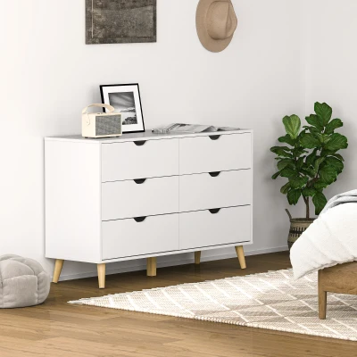 Comodă cu 6 sertare din lemn de pin, albă, 120x40x76 cm