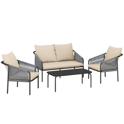 Outsunny Gartenmöbel Set 4-teilig Polyrattan Lounge-Set mit Zweisitzer 2 Sessel Couchtisch abnehmbar Kissen Bindebändern