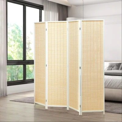 HOMCOM Biombo de 4 Painéis Dobrável Separador de Ambientes Tecido a Mão de Bambu e Fio de Algodão 180x180 cm Branco