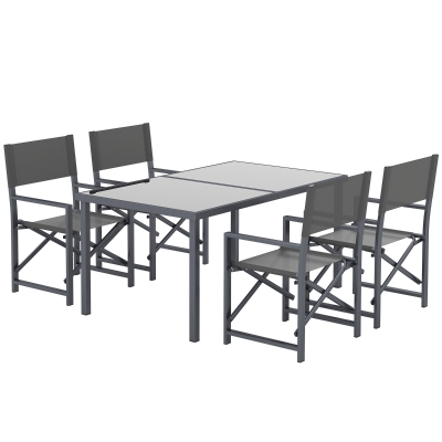 Outsunny Sitzgruppe 5-teilig Essgruppe Stahl für 4 Personen Esstisch mit 4 klappbar Stühlen Glastisch Grau