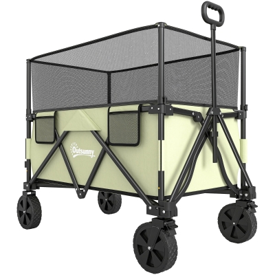 Outsunny Carrinho de Transporte Dobrável 180 L com Guiador Ajustável e Laterais Extensíveis Carga 120 kg para Jardim Praia Cáqui