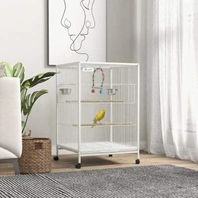 PawHut Gaiola para Pássaros com Rodas Poleiros Baloiço Bandeja Removível e Tigelas de Aço Inoxidável 48x46x78 cm Branco