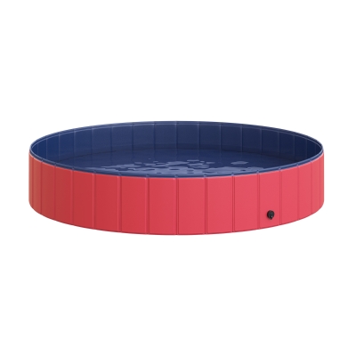 PawHut Hundebadewanne faltbar Badewanne Hundepool Plantschbecken Swimmingpool Wasserbecken für Hunde und Katzen Schwimmbecken Kunststoff+Holz Rot Ø160 x 30H cm