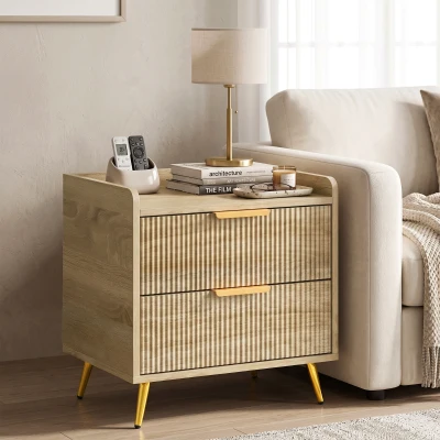HOMCOM Bedside Table 2 Drawers Metal Legs Wood Bedroom Natural
