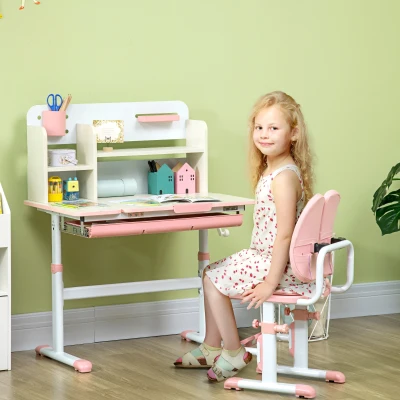 HOMCOM Conjunto de Secretária e Cadeira para Crianças com Altura Ajustável Gaveta Prateleiras e Bancada Inclinável 80x52x88-109 cm Rosa e Branco