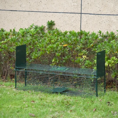 PawHut Trampa para Animales Vivos 100x25x28 cm Jaula Trampa para Gatos con 2 Puertas Asa y Marco de Acero para Ratones Roedores Verde Oscuro