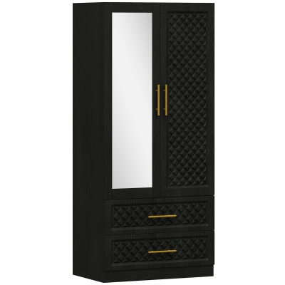 HOMCOM Roupeiro com Espelho 2 Portas e 2 Gavetas Relevo de Diamante Barra para Pendurar Estilo Moderno 80x50x180 cm Preto