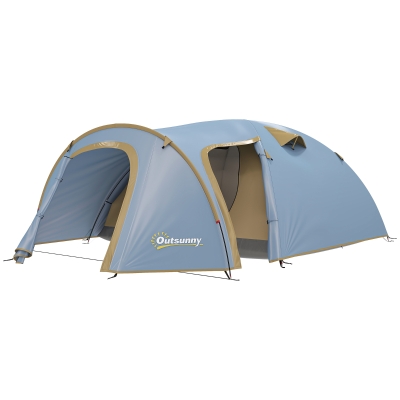Outsunny Campingzelt für 4 Personen, wasserdicht Tunnelzelt mit 2 Türen Haken Packtasche 3,45 x 2,4 x 1,3 m Hellblau