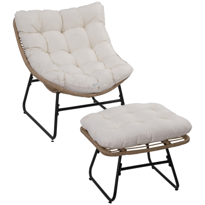 Outsunny Fauteuil Jardin Repose-Pieds Métal/Rotin Coussins Naturel