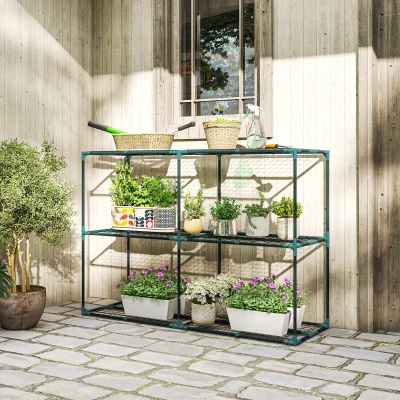 Outsunny 3-Etagen Pflanzenständer, 100 cm hoch Blumenständer mit Regalböden, mehrstöckig Stahl Dunkelgrün