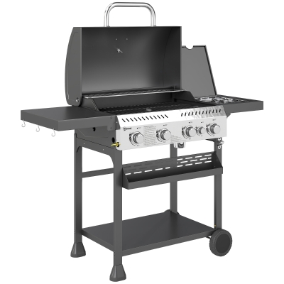 Outsunny Gasgrill, BBQ-Grill, 4 Hauptbrenner, 1 Seitenkocher, 1 Warmhalteplatte; 135 x 55 x 103 cm, Schwarz