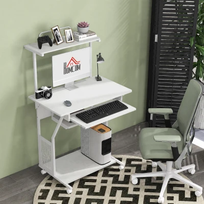 HOMCOM Secretária para Computador com Rodas, Bandeja para Teclado, Suporte para CPU e Prateleiras 80x50x130 cm Branco