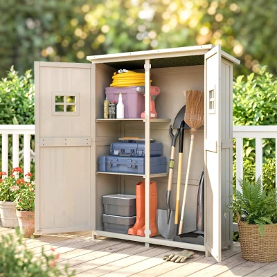 Outsunny Gartenschrank Holz Geräteschuppen Gerätehaus Geräteschrank Pultdach Garten Grau 127,5x50x164cm