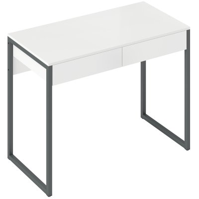 HOMCOM Secretária com 2 Gavetas 100x50 cm Mesa de Computador Pernas de Aço para Casa Escritório Espaços Pequenos Branco Brilhante
