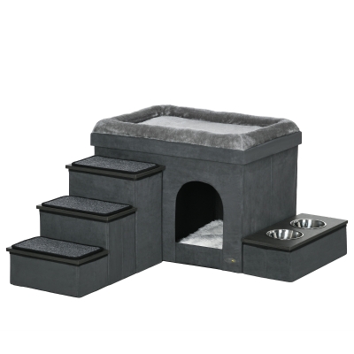 PawHut Katzenhaus Katzenhütte Katzenhöhle, 3 Haustiertreppen, 2 Fressnäpfe, 70 x 50 x 51, cm,  Grau