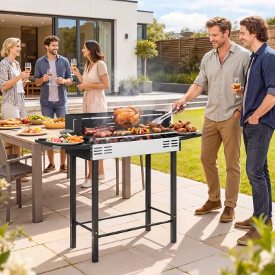 Outsunny Holzkohlegrill Grill BBQ-Grill, verstellbares Rost, 1 Drehspieß, 118 x 32 x 90 cm, Schwarz + Silber