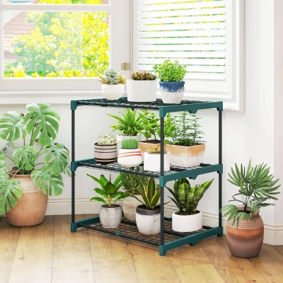 Outsunny 3-Etagen Pflanzenständer, 72 cm hoch Blumenständer für Innen Außen, Pflanzenregal aus Stahl Dunkelgrün