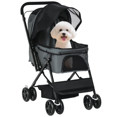 PawHut Carrito para Perros Plegable con Mango Reversible Ventana de Malla Cesta de Almacenamiento 76,5x52x95 cm Gris