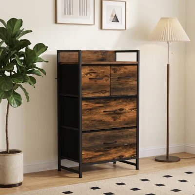 HOMCOM Commode 4 Tiroirs Tissu Acier Industriel 60x29x85cm Marron